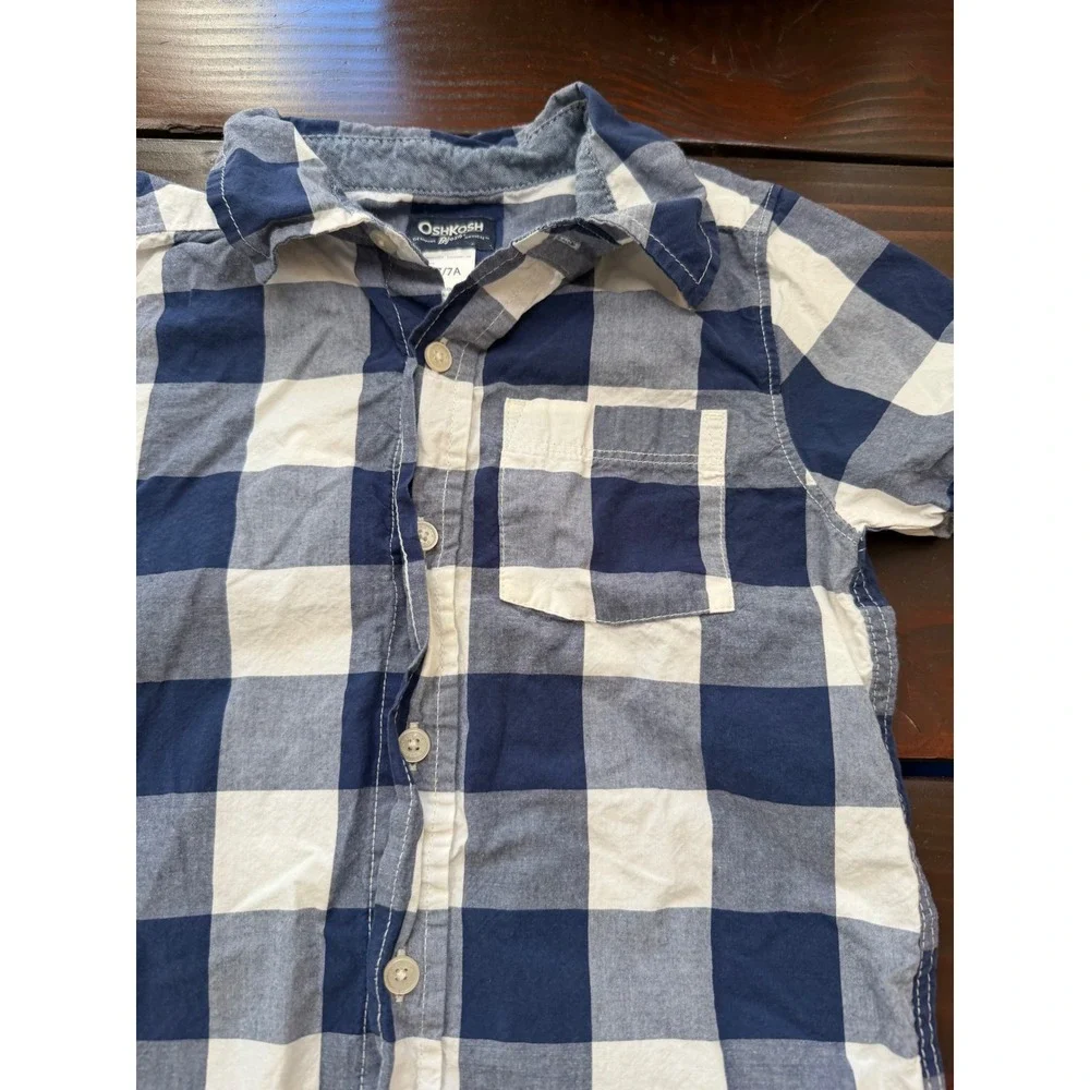 OshKosh B'gosh Boys Navy Blue White Buffalo Check Plaid Button Down Shirt 7/7A